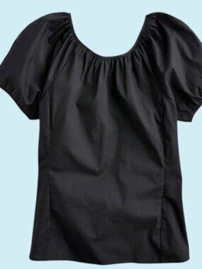 J. Crew Puff Sleeve Top Size 18 Black Cotton Poplin V-Back Stretch Blouse